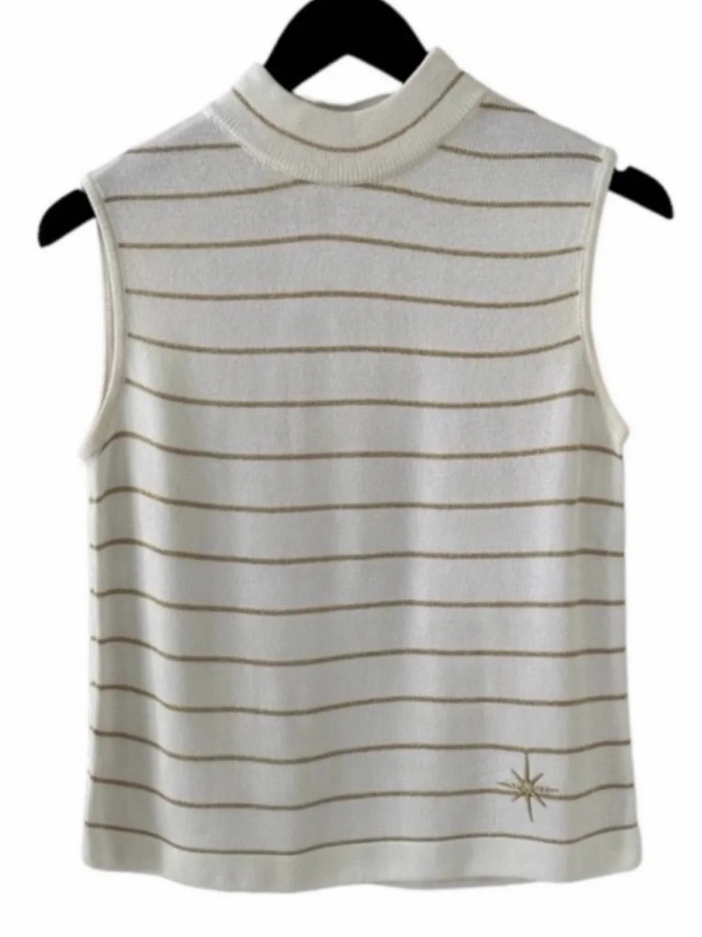 St. John Ivory with Gold Metallic Stripes Sleeveless Mock Neck Knit Sweater